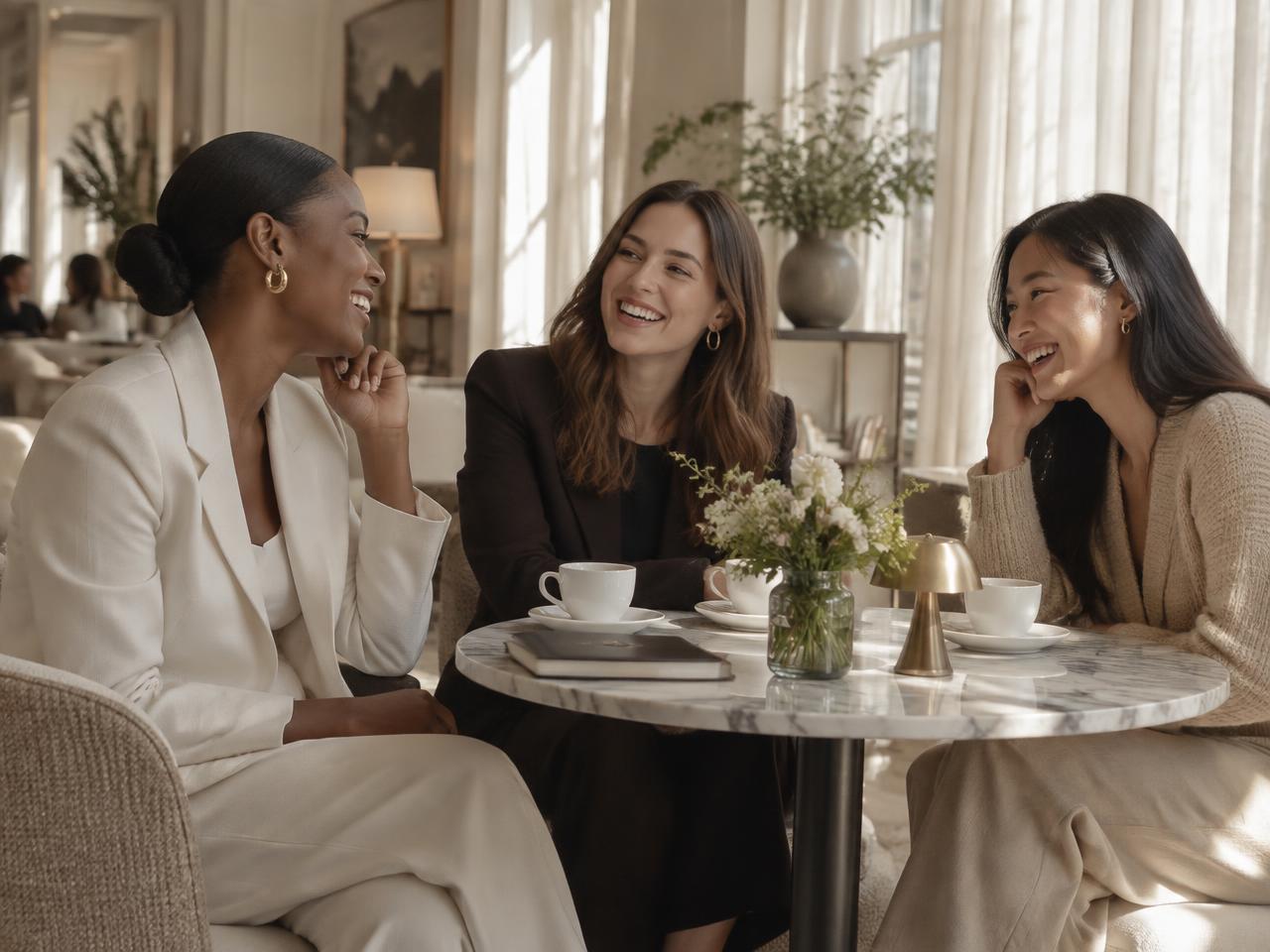 Three women in conversation over coffee