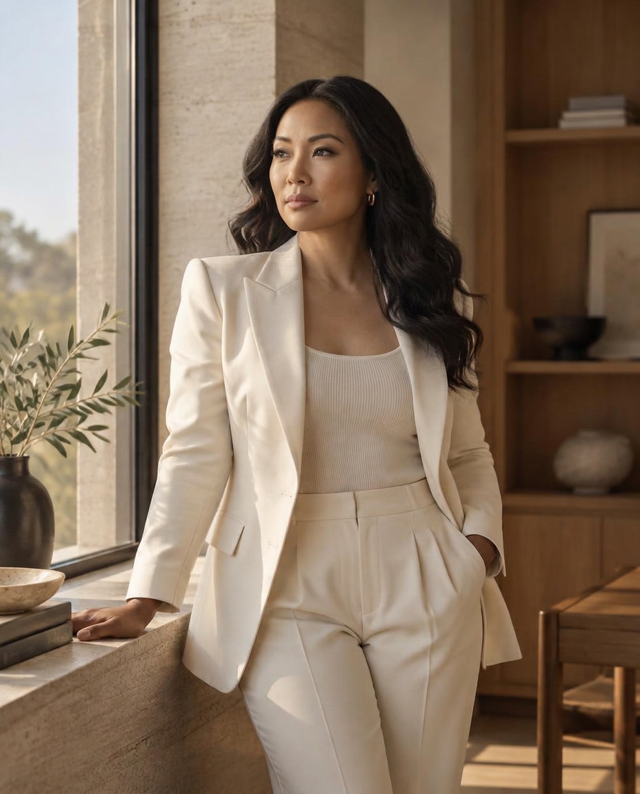 A woman standing by a window, considering her next move